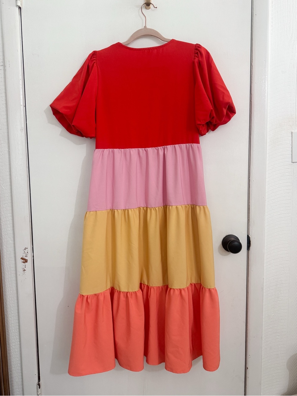 Entro Colorblock Puff-Sleeve Midi Dress in Red, Pink, Yellow, Coral size Small - Picture 3 of 6
